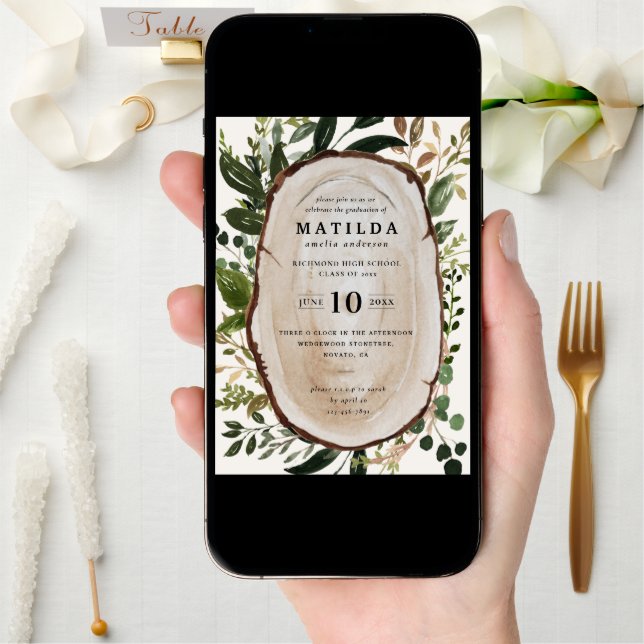 Rustic wood slice graduation party invite (Front Digital)