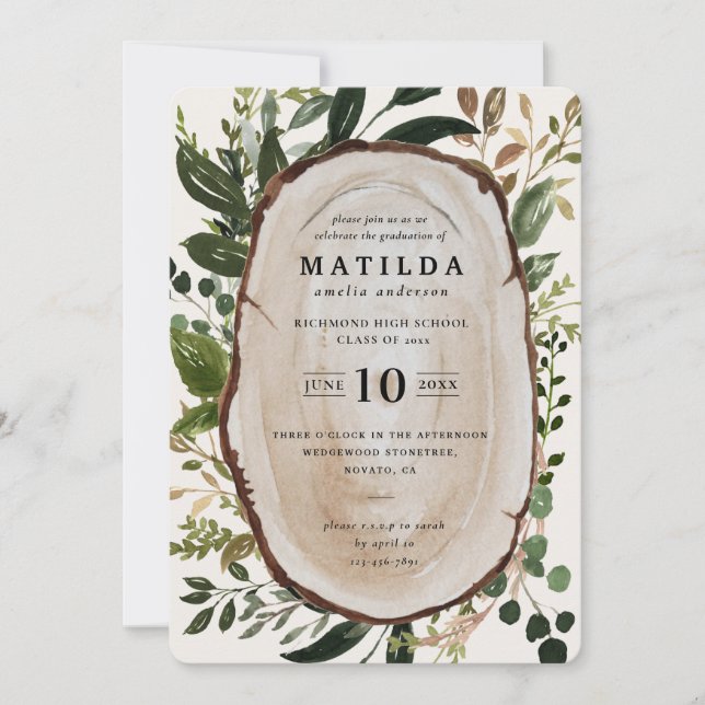 Rustic wood slice graduation party invite (Front)