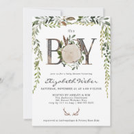 Rustic Wood Slice Greenery Baby Shower Invitation