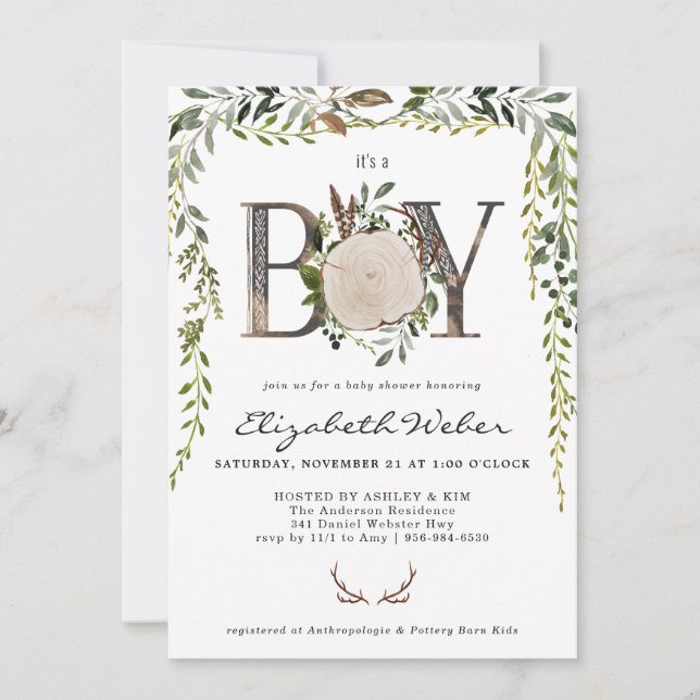 Rustic Wood Slice Greenery Baby Shower Invitation (Front)