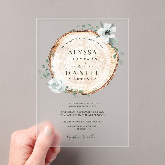 Rustic Wood Slice Greenery Wedding Acrylic Invitations (Insitu (Handheld))