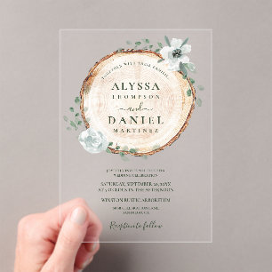 Rustic Wood Slice Greenery Wedding Acrylic Invitations