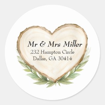 Rustic Wood Slice Heart Classic Round Sticker by SugSpc_Invitations at Zazzle