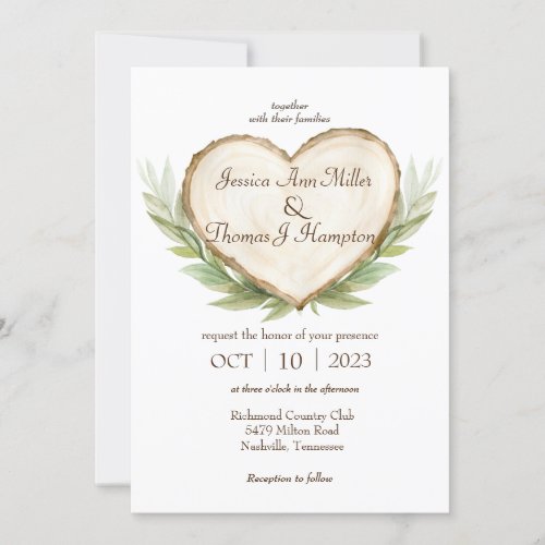 Rustic Wood Slice Heart Wedding Invitation