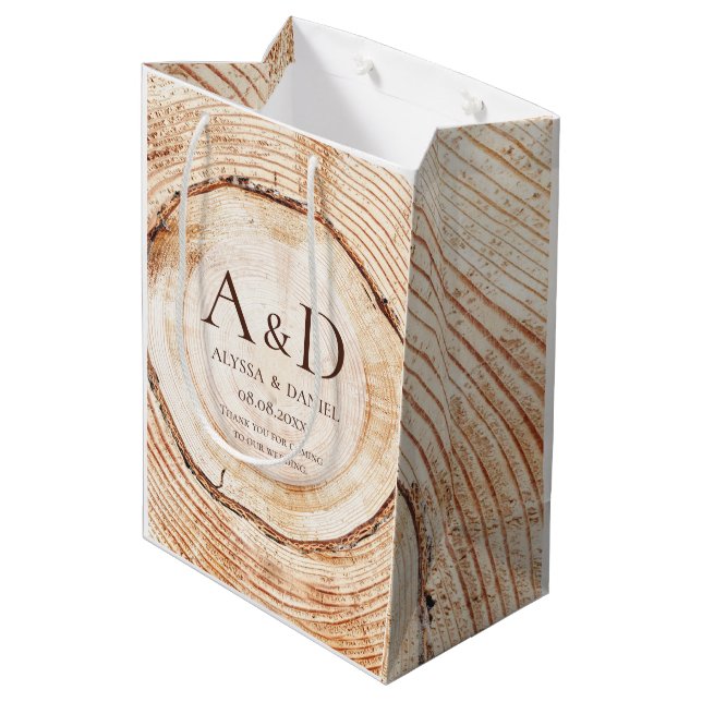 Rustic Wood Slice Monogram Wedding Favor Gift Bag (Back Angled)