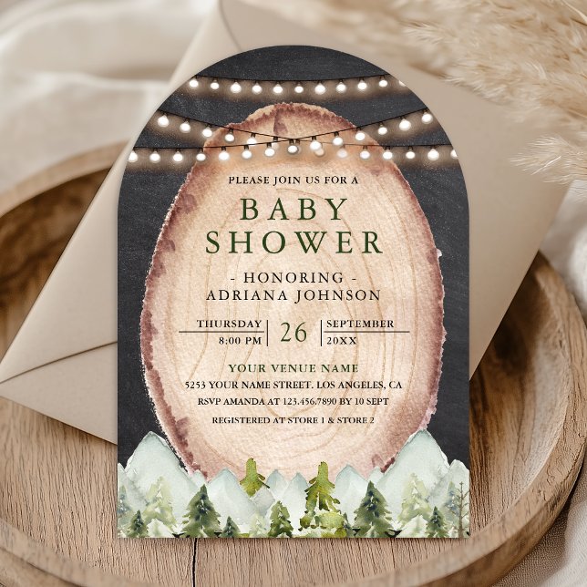 Rustic Wood Slice Mountain Forest Arch Baby Shower Invitation (Creator Uploaded)