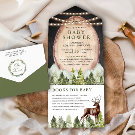 Rustic Wood Slice Mountain Forest Deer Baby Shower All In One Invitati