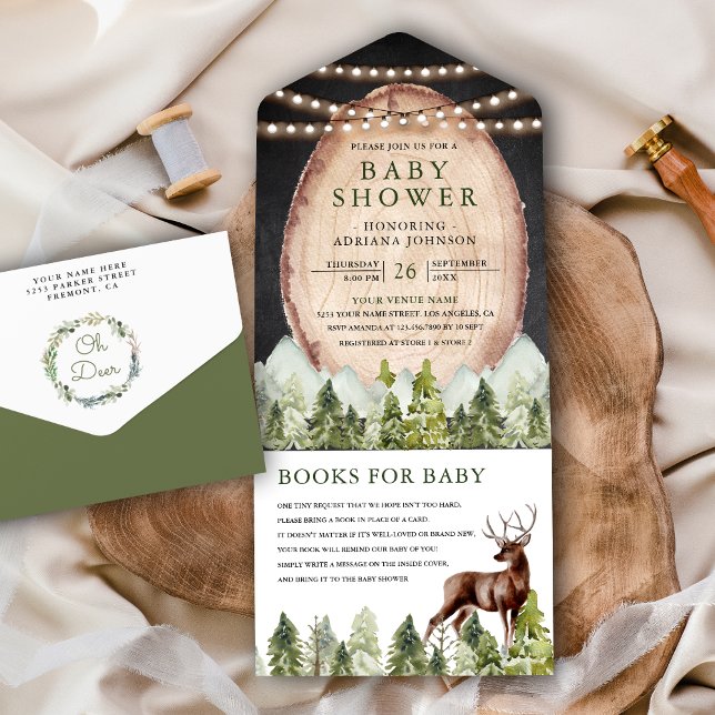 Rustic Wood Slice Mountain Forest Deer Baby Shower All In One Invitation (Creator Uploaded)