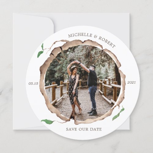 rustic wood slice photo Save The Date Card