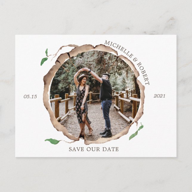 rustic wood slice photo save the date postcard (Front)
