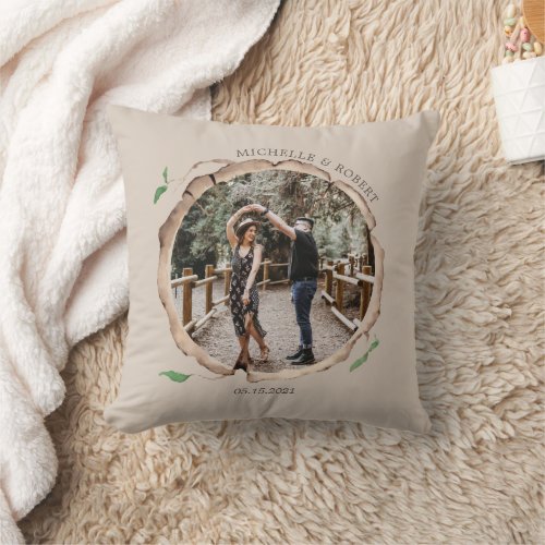 Rustic Wood Slice Photo Wedding Monogram Throw Pillow