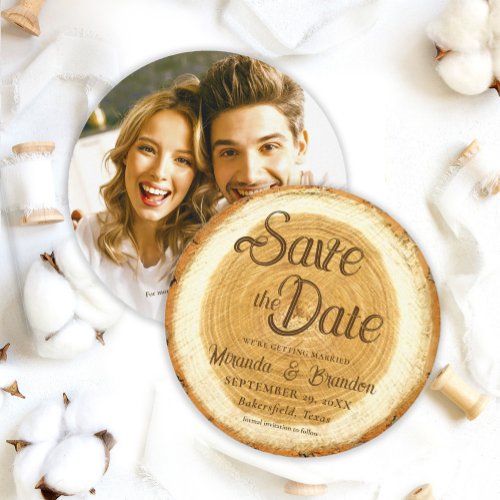Rustic Wood Slice Photo Wedding Save the Date Card