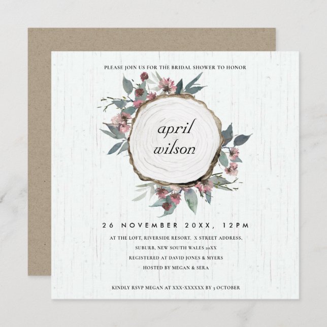 RUSTIC WOOD SLICE PINK FLORA BRIDAL SHOWER INVITE (Front/Back)