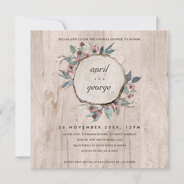 RUSTIC WOOD SLICE PINK FLORA COUPLES SHOWER INVITE (Front)