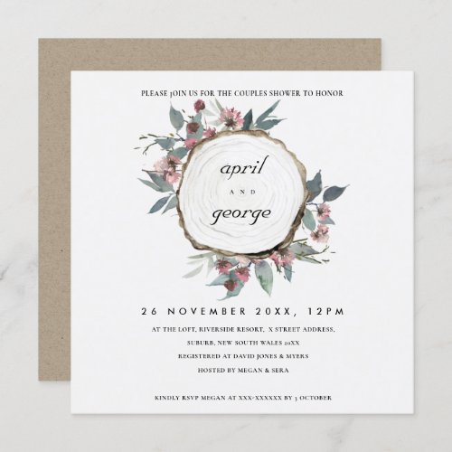 RUSTIC WOOD SLICE PINK FLORA COUPLES SHOWER INVITE