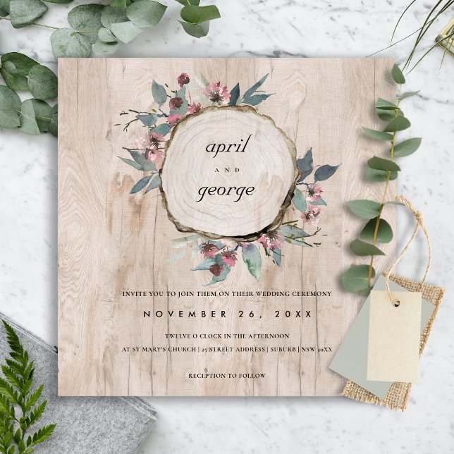RUSTIC WOOD SLICE PINK GREEN FLORAL WEDDING INVITE (Creator Uploaded)