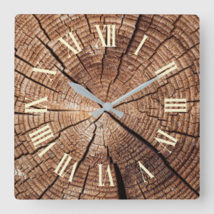 Rustic Wood Slice Roman Numeral Square Wall Clock