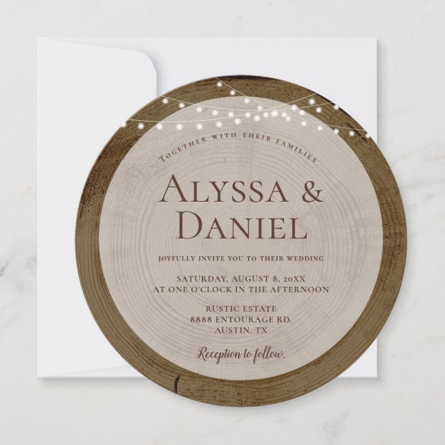 Rustic Wood Slice String Lights country Wedding Invitation (Front)