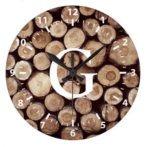 Rustic Wood Slice Stumps White Numbers | Monogram Large Clock