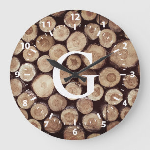 Rustic Wood Slice Stumps White Numbers Monogram Large Clock