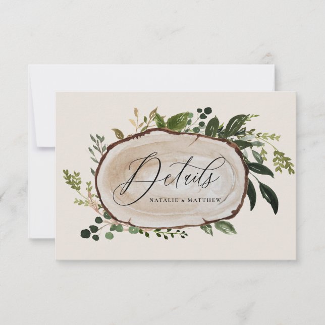 Rustic wood slice wedding details save the date (Front)