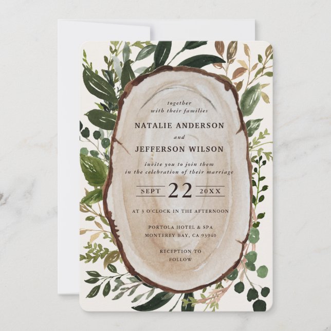 Rustic wood slice wedding invite (Front)