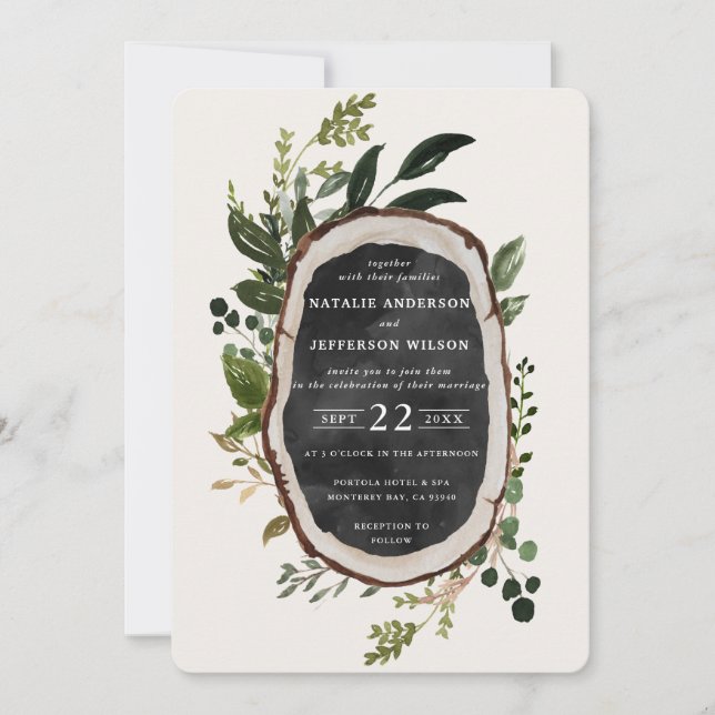 Rustic wood slice wedding invite (Front)