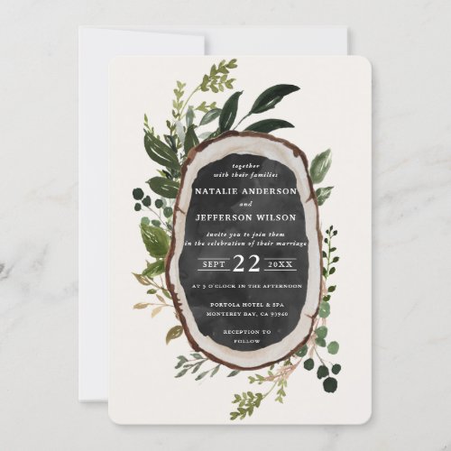 Rustic wood slice wedding invite