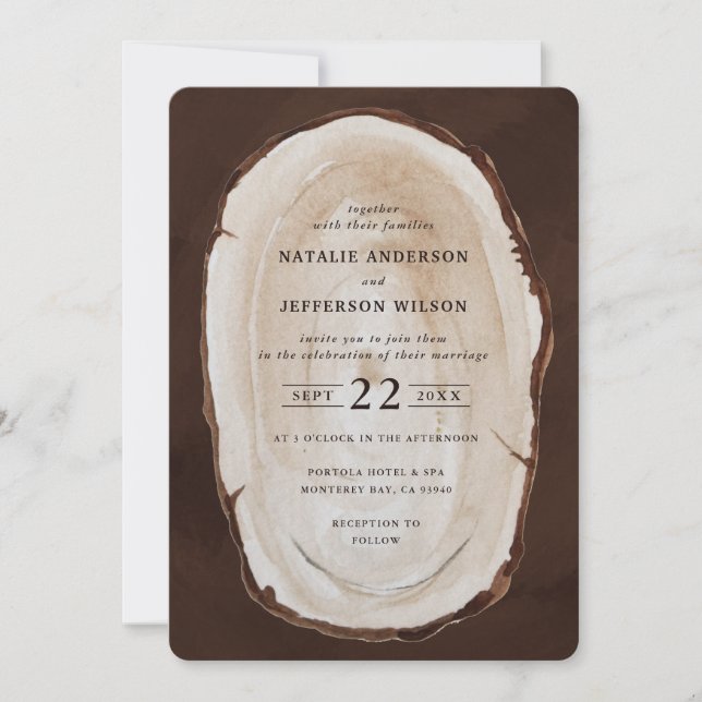 Rustic wood slice wedding invite (Front)