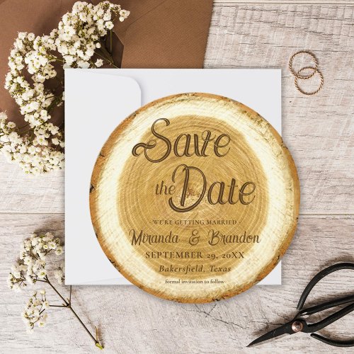 Rustic Wood Slice Wedding Save the Date Card