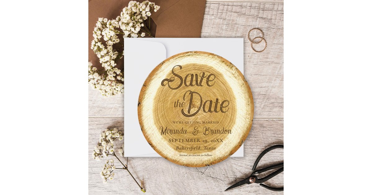 Rustic Wood Slice Wedding Save the Date Card | Zazzle