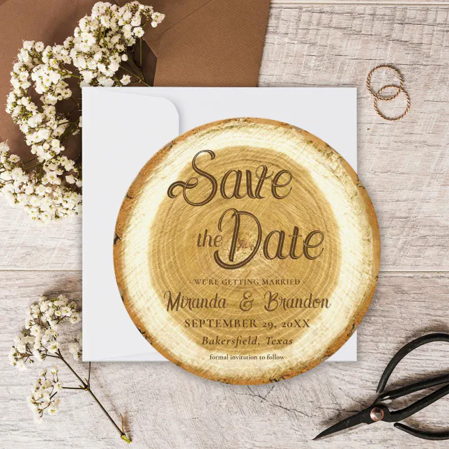 Rustic Wood Slice Wedding Save the Date Card | Zazzle