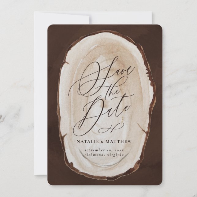 Rustic wood slice wedding save the date invite (Front)