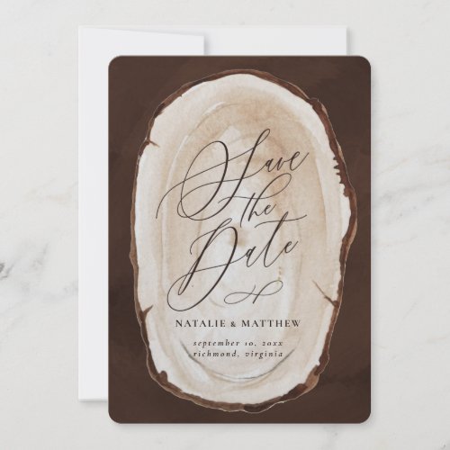 Rustic wood slice wedding save the date invite