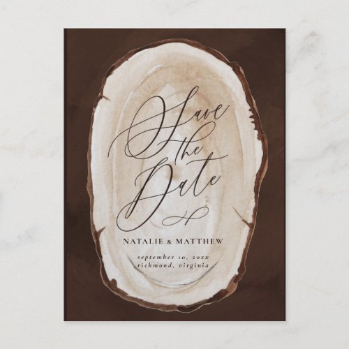 Rustic wood slice wedding save the date invite