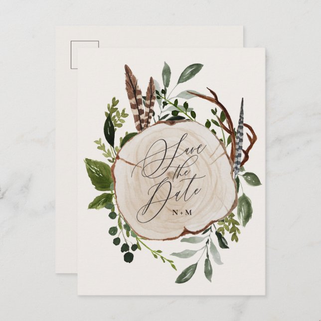 Rustic wood slice wedding save the date invite (Front/Back)