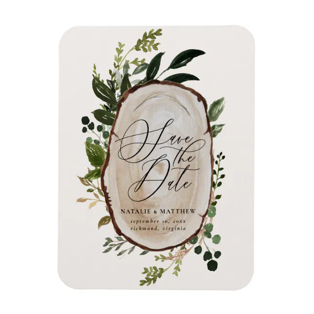 Rustic wood slice wedding save the date invite magnet | Zazzle