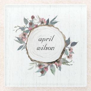 RUSTIC WOOD SLICE WILD PINK FLORAL EUCALYPTUS GLASS COASTER