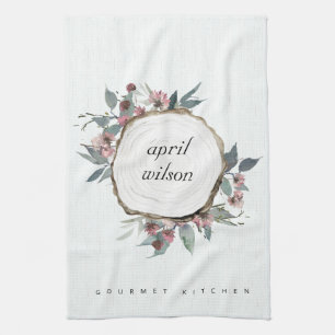 RUSTIC WOOD SLICE WILD PINK FLORAL EUCALYPTUS KITCHEN TOWEL