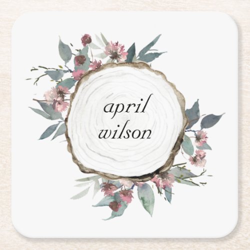 RUSTIC WOOD SLICE WILD PINK FLORAL EUCALYPTUS SQUARE PAPER COASTER