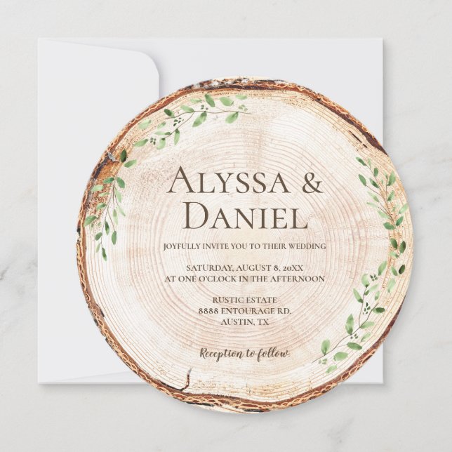 Rustic Wood Slice with Greenery woodland wedding Invitation (Front)