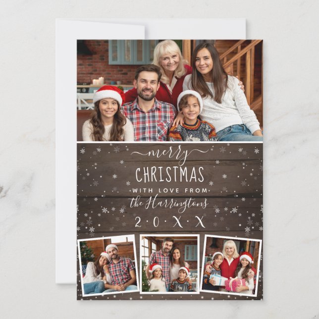 Rustic Wood & Snow | Holiday 4 Photo Card (Front)