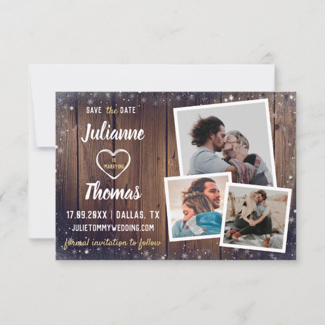 Rustic Wood Snowflake Holiday Wedding Photo  Save The Date (Front)