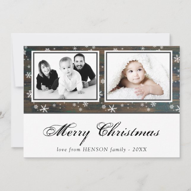 Rustic Wood Snowflake Merry Christmas 2 Photo Holiday Card (Front)