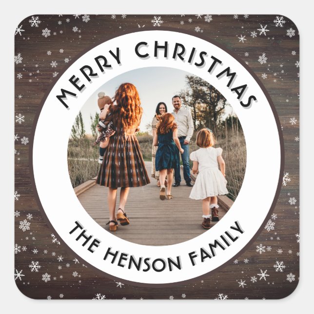 Rustic Wood Snowflake Merry Christmas Family Photo Square Sticker (Front)