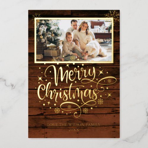 Rustic Wood Snowflake Merry Christmas Photo Foil Holiday Card