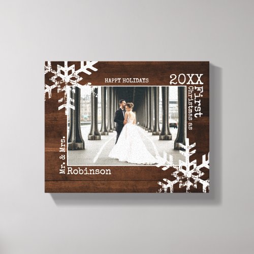 Rustic Wood Snowflake Newlywed Christmas Photo Canvas Print