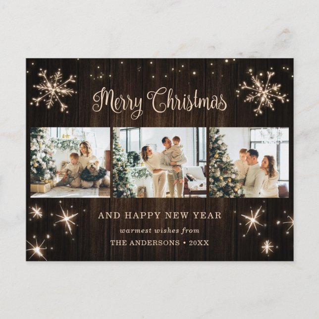Rustic Wood Snowflake Photo Collage Holiday Postcard (Front)