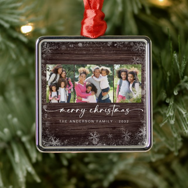Rustic Wood Snowflake Photo Merry Christmas  Metal Ornament (Tree)