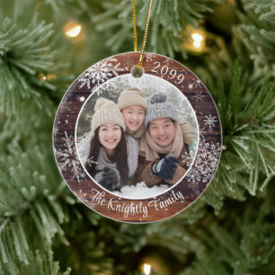 Rustic Wood Snowflake Photo Personalized Ceramic Ornament